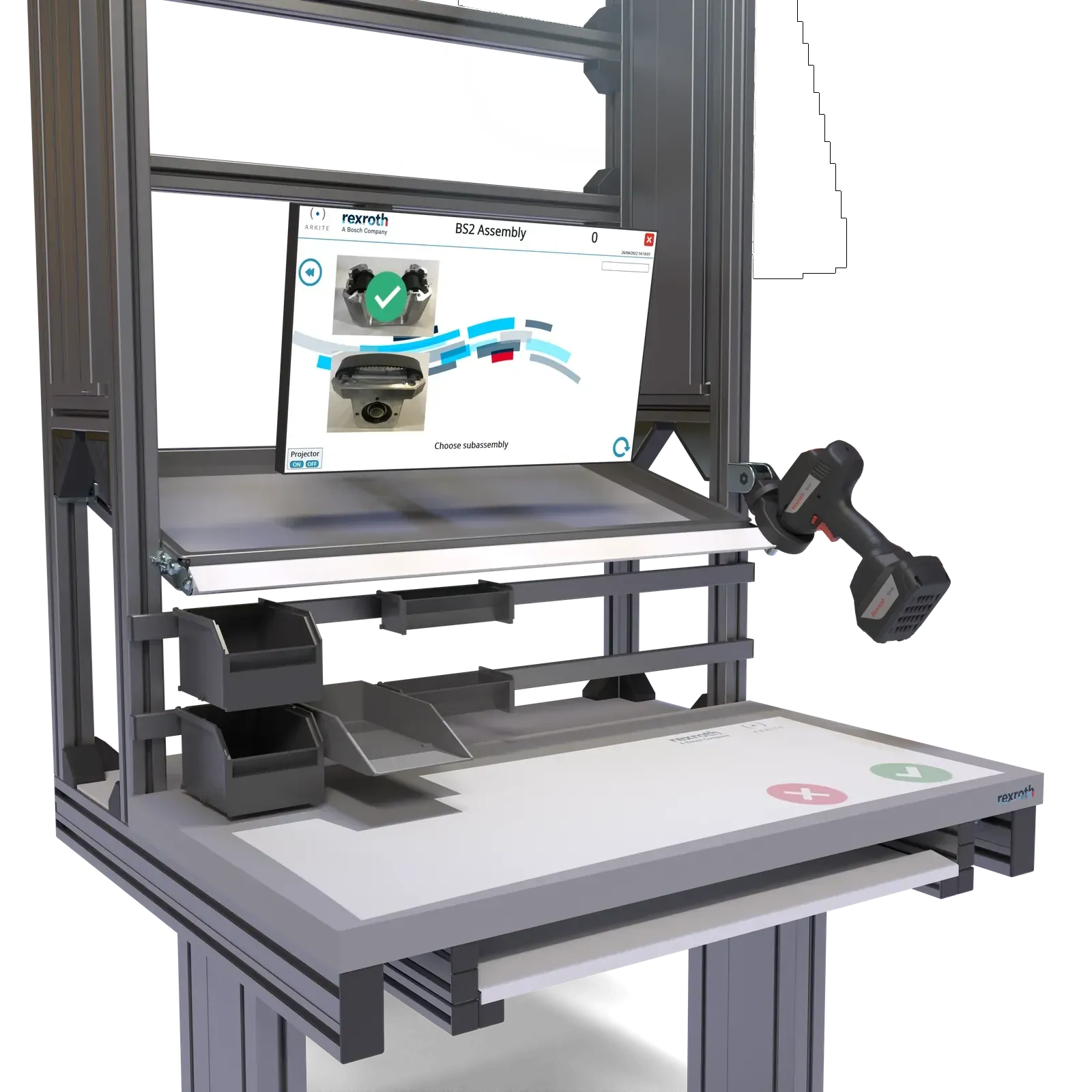 Ilustración de un puesto de trabajo ergonómico de perfiles de aluminio con el software de guiado de Arkite, herramienta y cajas de picking