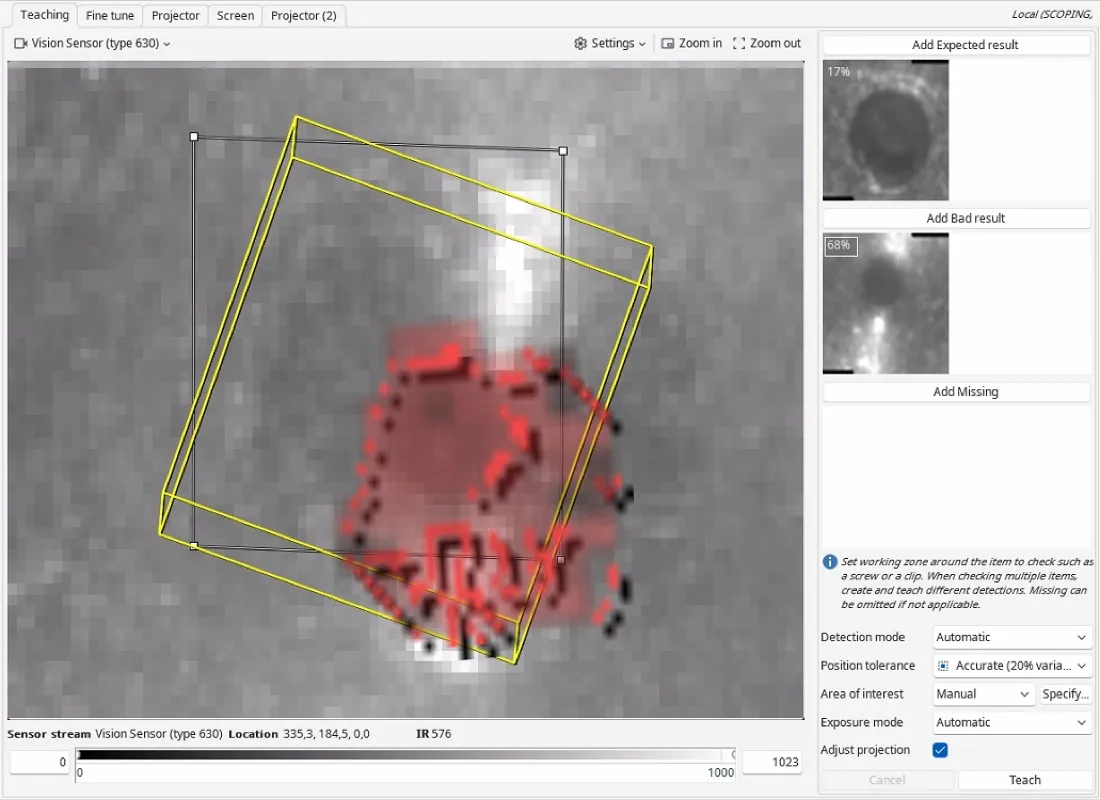 Pantalla de enseñanza del software Arkite para una detección del sensor Vision, con referencias de resultado esperado y defectuoso, modo de detección y ajustes de tolerancia de posición